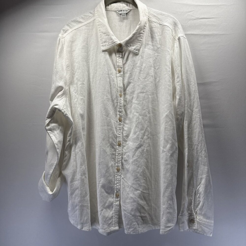 Orvis Women Linen Blend Blouse Top Tunic Plus 2X XXL Solid White Roll Tab Button